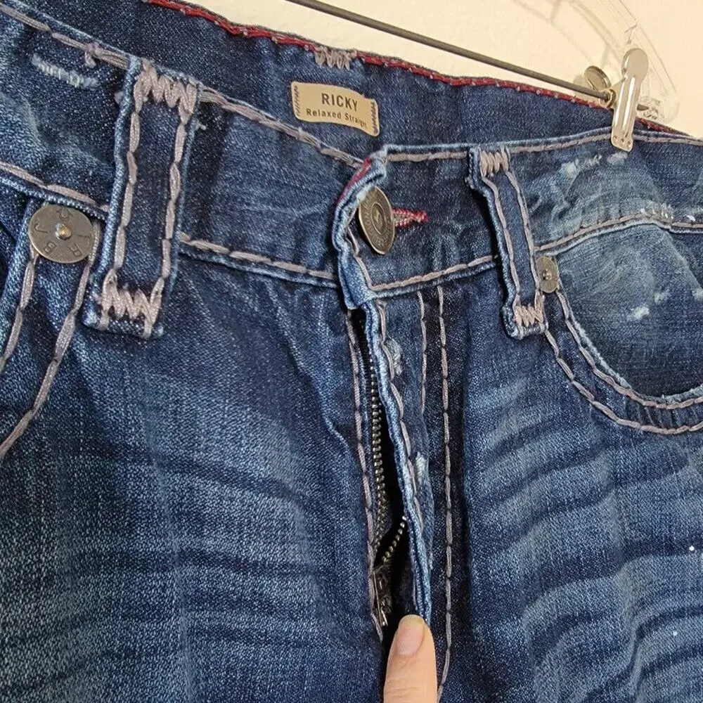 True Religion Ricky Relaxed Straight Leg Jeans Blue Distressed Men Size 38x34